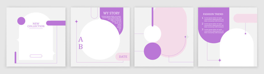 Set of post templates. Minimalistic social media template, story carousel with purple and pink shapes. 