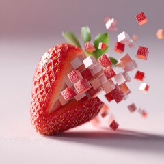 Pixelized cubic strawberry transformation creative food art modern digital environment close-up view