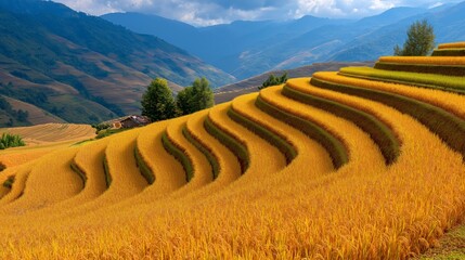 Rolling hills showcase vibrant rice terraces under a dramatic sky, reflecting the harmony of rural life and agriculture