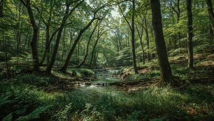 Lush forest landscape with a tranquil stream flowing through dense trees and greenery on a bright day.
