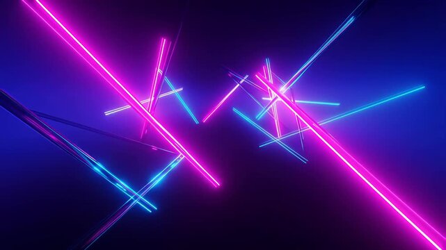 Electric neon lines in fuchsia, blue, and cyan pulse across a deep background, forming an energetic flow of light and motion with high contrast. Concept of futuristic digital energy