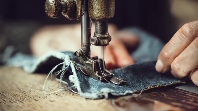 Closeup of a skilled seamstress repairing a torn jacket seam using a vintage sewing machine.