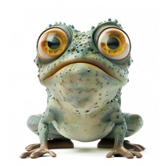 Whimsical cartoon frog character with large yellow eyes and textured green skin, sitting on white background, ideal for kids or fantasy themes.