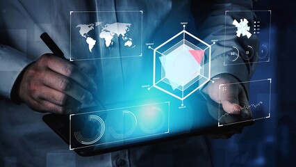 Hands Interacting with Futuristic Digital Interface Featuring Data Visualizations, Graphs, and Global Maps in a Technological Environment Gluon.