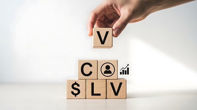 Hand placing wooden block with letter v on top of financial and business concept blocks