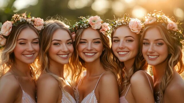 Friends celebrate together outdoors with flower crowns during sunset in a joyful gathering