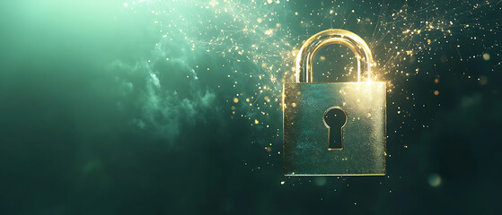 Commercial cybersecurity stock artwork, forest green background with elegant brass tones, 4D brass security lock with solid depth and light movement effect, minimal digital background, clean copy spac