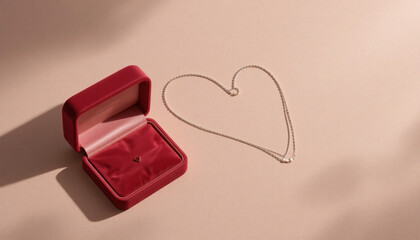 Red velvet jewelry box with open lid and heart shaped necklace on beige background with engagement