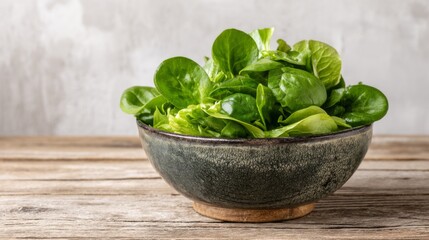 Fresh Green Leafy Salad in Rustic Bowl on Wooden Table Showing Healthy Eating and Natural Ingredients in a Cozy Kitchen Environment
