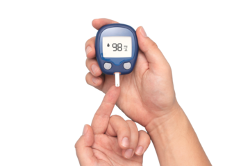 Man using glucometer, checking blood sugar level
