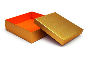 Open golden gift box with orange interior isolated on white background perfect for product 