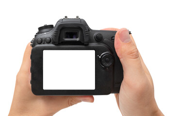 DSLR digital camera in hand isolated on white