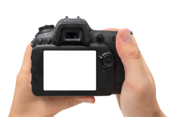 DSLR digital camera in hand isolated on white