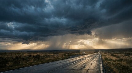 Dramatic dark storm clouds open up with crepuscular sun rays illuminating a wet desolate highway stretching across a vast open prairie landscape