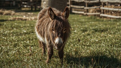 A small pony with brown hair standing on green grass in a fenced outdoor area.