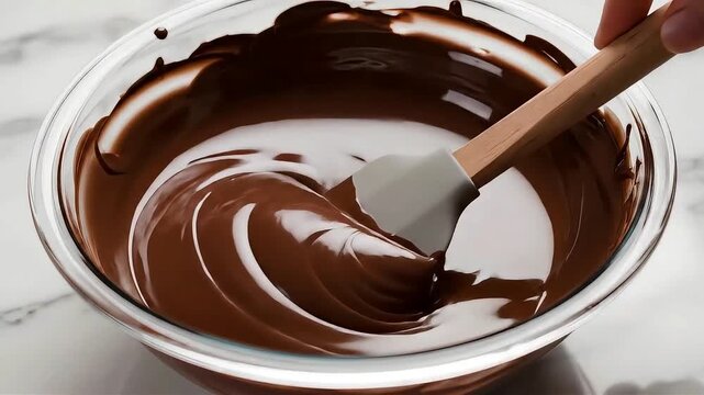 Close up of melted dark chocolate being stirred in a glass bowl with a spatula on a marble table for baking dessert
