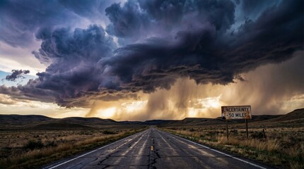 Dramatic desolate highway stretches toward immense dark storm clouds with heavy rain falling over the distant landscape while a sign warns of approaching uncertainty fifty miles away