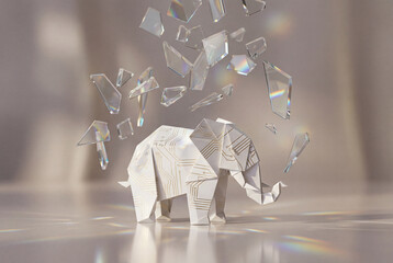 White Origami Elephant with Gold Circuit Pattern and Floating Glass Shards, Iridescent Prism Light on Soft Minimal Background