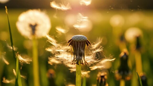 Slow motion close-up of dandelion seeds blowing in the wind. A fluffy flower head backlit by the golden sunset light in a green meadow.