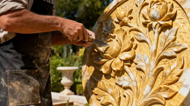 Skilled artisan chiseling intricate floral patterns on polished marble showcasing fine craftsmanship in custom stone sculpture for elegant garden decor.