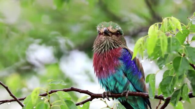 Close-up of colorful Lilac-breasted Roller bird perched on branch in the rain, displaying vibrant plumage and natural beauty in outdoors nature setting.