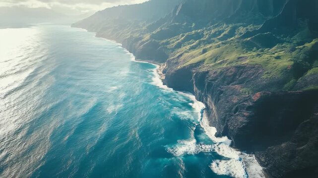Exploring the breathtaking Na Pali coastline in Kauai with stunning views from above, Aerial Na Pali coastline Kauai hiking Kalalau Hawaii
