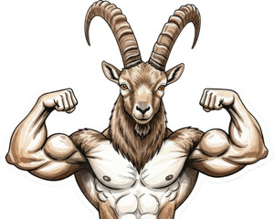 Muscular goat with impressive horns and physique isolated on transparent background