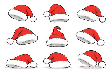 Santa Hat Vector Set, Christmas Santa Claus Hat Collection in Flat Style