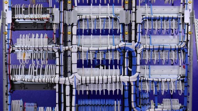 The reverse side of the electrical switchboard. The connected wires are tied with plastic ties.