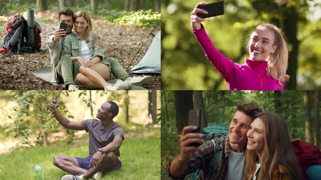 Four scenes show different groups taking selfies outdoors. Each group enjoys their time amid trees and greenery while capturing moments with their phones.