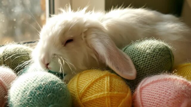 A cute white Easter bunny sleeping among colorful balls of yarn. A fluffy lop-eared rabbit resting on a sunny windowsill. Domestic pet and hobby concept.