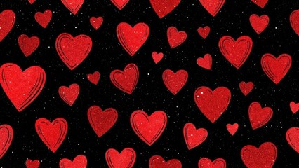A vibrant and playful background featuring numerous red hearts scattered across a dark speckled black backdrop