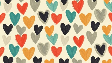 A delightful pattern showcasing various watercolor hearts in shades of red black orange and teal