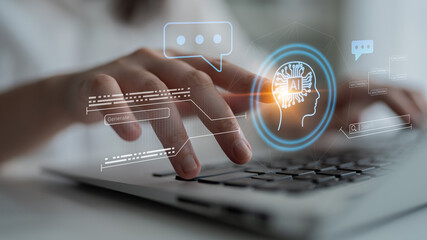 AI neural head with data connections and speech bubbles symbolizing smart data generation, learning, and analysis Parse