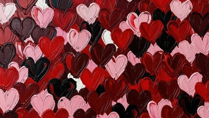 A vibrant and textured painting filled with numerous hearts in shades of red pink and black