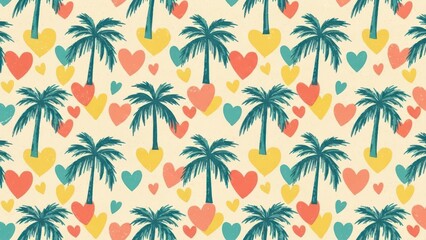 A vibrant tropical pattern featuring palm trees hearts and a cheerful mix of pastel colors creates a summery feel