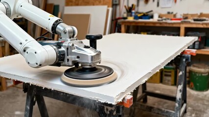 Highspeed robotic drywall sanding device in action rapidly smoothing rough surfaces with consistent pressure to accelerate renovation projects efficiently.