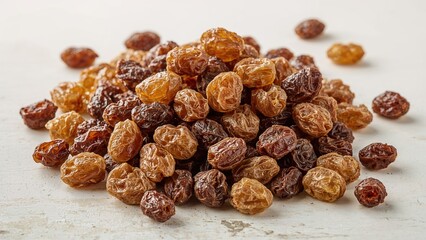 Obraz premium Dried raisins in various shades scattered on a surface. Fresh fruit snacks, natural dried fruit. Healthy snack or ingredient. Organic dried raisins, natural and nutritious.