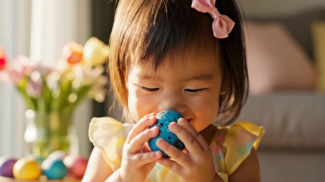Happy Asian toddler girl holding a blue Easter egg and smiling. Cute child celebrating the spring holiday at home. Childhood joy and tradition