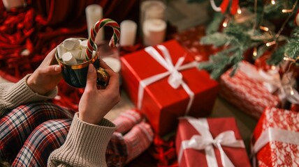 Cozy Christmas morning with hot chocolate and gifts under the tree