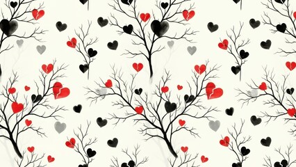 A seamless pattern featuring delicate black branches with red and black hearts scattered across a white background