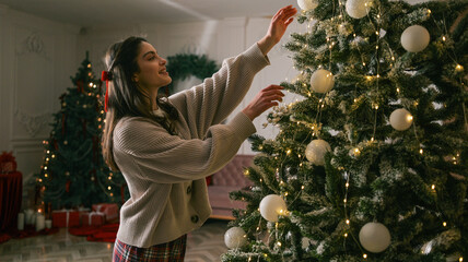 Young woman decorating a frosted Christmas tree with white ornaments and fairy lights