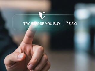 Hand pointing to a virtual interface with "Try Before You Buy 7 Days" text and a shield icon