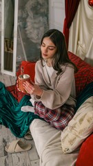 Young woman enjoying a warm drink in cozy pajamas and cardigan on a couch
