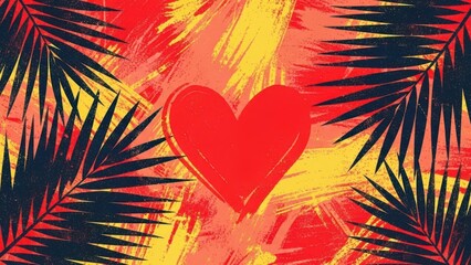 A vibrant red heart nestled amongst bold tropical leaves and expressive brushstroke textures creating a dynamic composition