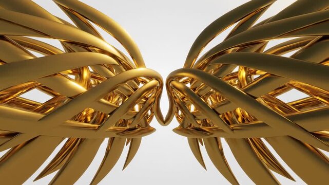Abstract motion graphic featuring interlocking geometric patterns inspired by wing shapes pulsing with metallic gold lines across a pristine white void connection, corporate, modern