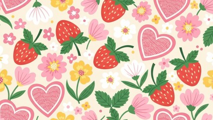 A delightful pattern of strawberries pink flowers and red hearts on a soft creamy yellow background