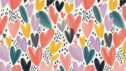 A vibrant and playful pattern featuring scattered watercolor hearts in various colors and organic shapes