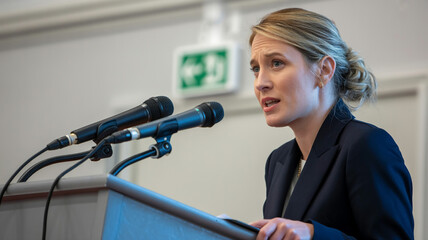 Corporate speech photo of a confident blonde woman at a modern podium, professional microphones, formal indoor lighting, government conference atmosphere, leadership, public speaking concept.