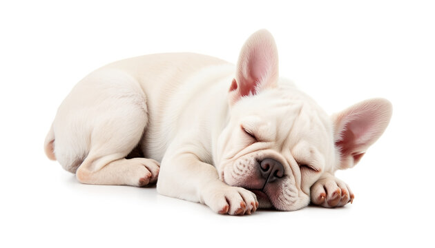 French Bulldog puppy sleeping peacefully on a white background  